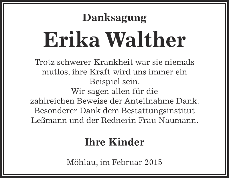  Traueranzeige für Erika Walther vom 08.03.2015 aus WVG - Wochenspiegel Dessau / Köthen