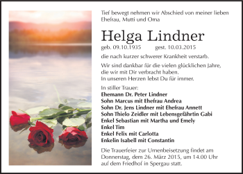 Traueranzeige von Helga Lindner von Mitteldeutsche Zeitung Merseburg/Querfurt