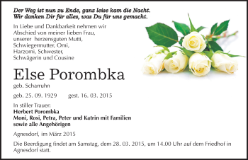 Traueranzeige von Else Porombka von Mitteldeutsche Zeitung Sangerhausen