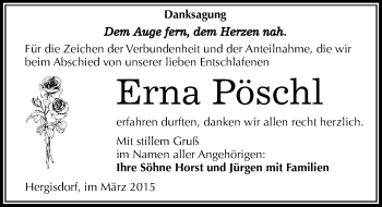 Traueranzeige von Erna Pöschl von Mitteldeutsche Zeitung Mansfelder Land