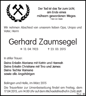 Traueranzeige von Gerhard Zaumsegel von Super Sonntag Zeitz