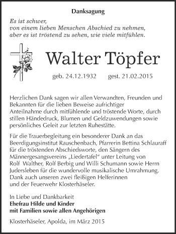 Traueranzeige von Walter Töpfer von WVG - Wochenspiegel NMB / WSF / ZTZ