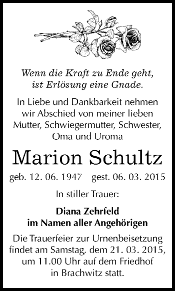 Traueranzeige von Marion Schultz von Mitteldeutsche Zeitung Halle/Saalkreis