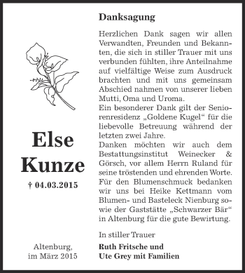 Traueranzeige von Else Kunze von Super Sonntag Bernburg