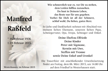 Traueranzeige von Manfred Raßfeld von WVG - Wochenspiegel Quedlinburg