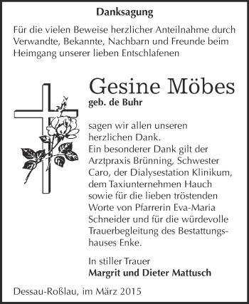 Traueranzeige von Gesine Möbes von WVG - Wochenspiegel Dessau / Köthen