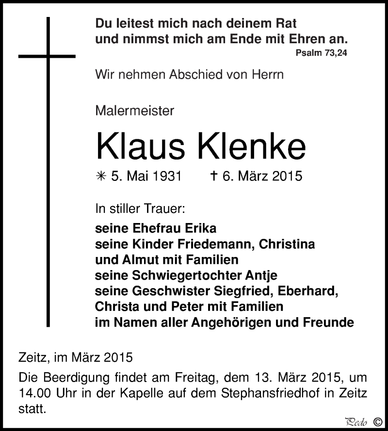  Traueranzeige für Klaus Klenke vom 11.03.2015 aus WVG - Wochenspiegel NMB / WSF / ZTZ
