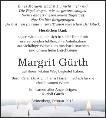 Traueranzeige von Margrit Gürth von Super Sonntag Wittenberg