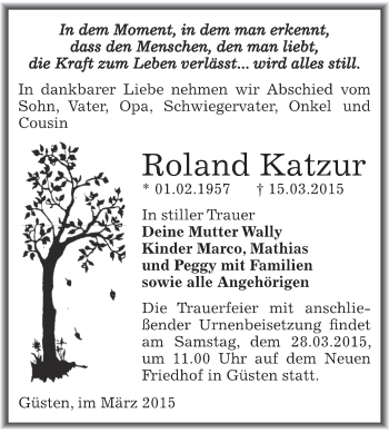Traueranzeige von Roland Katzur von Super Sonntag Bernburg