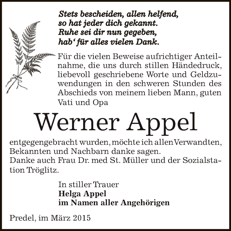  Traueranzeige für Werner Appel vom 08.03.2015 aus Super Sonntag Zeitz
