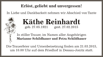 Traueranzeige von Käthe Reinhardt von WVG - Wochenspiegel Dessau / Köthen