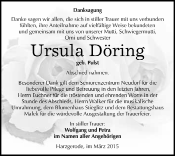 Traueranzeige von Ursula Döring von WVG - Wochenspiegel Quedlinburg