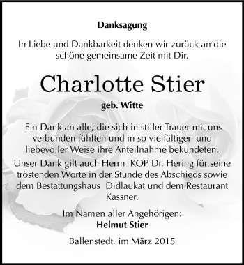 Traueranzeige von Charlotte Stier von Mitteldeutsche Zeitung Quedlinburg