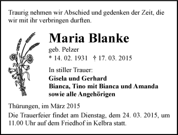 Traueranzeige von Maria Blanke von Mitteldeutsche Zeitung Sangerhausen
