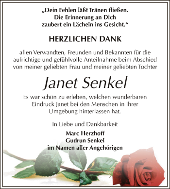 Traueranzeige von Janet Senkel von Super Sonntag Zeitz