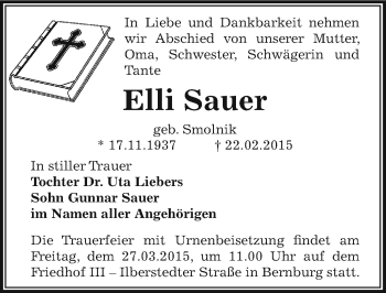 Traueranzeige von Elli Sauer von Mitteldeutsche Zeitung Bernburg