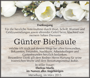 Traueranzeige von Günter Biehaule von Mitteldeutsche Zeitung Merseburg/Querfurt