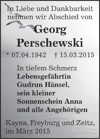 Traueranzeige von Georg Perschewski von Super Sonntag Zeitz