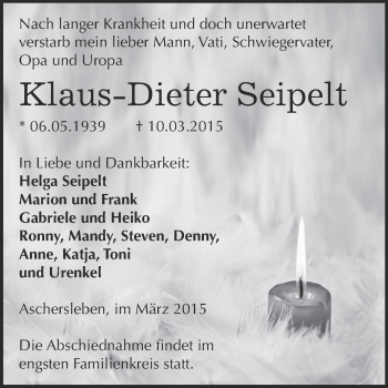 Traueranzeige von Klaus-Dieter Seipelt von Super Sonntag Aschersleben