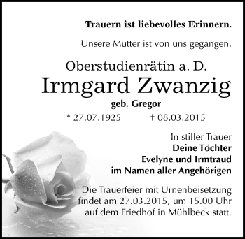 Traueranzeige von Irmgard Zwanzig von Mitteldeutsche Zeitung Bitterfeld