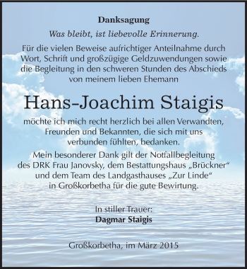 Traueranzeige von Hans-Joachim Staigis von Mitteldeutsche Zeitung Weißenfels