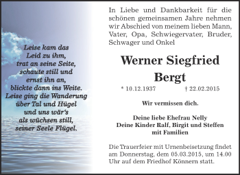 Traueranzeige von Werner Siegfried Bergt von Super Sonntag Bernburg