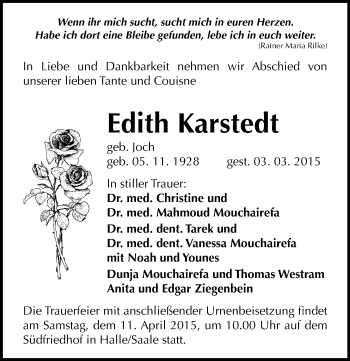 Traueranzeige von Edith Karstedt von Mitteldeutsche Zeitung Halle/Saalkreis