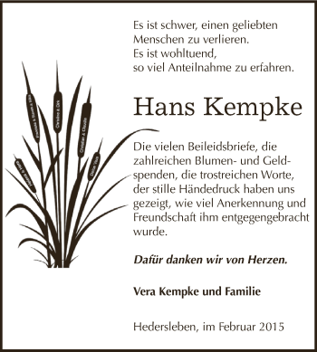 Traueranzeige von Hans Kempke von Super Sonntag SGH Mansf. Land