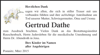 Traueranzeige von Gertrud Dathe von WVG - Wochenspiegel NMB / WSF / ZTZ