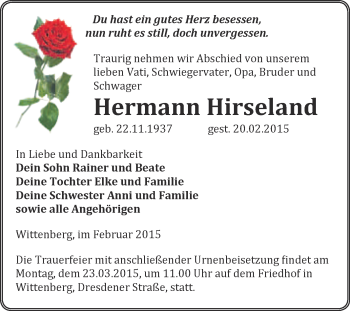 Traueranzeige von Hermann Hirseland von WVG - Wochenspiegel Wittenberg