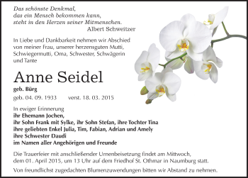 Traueranzeige von Anne Seidel von Mitteldeutsche Zeitung Naumburg/Nebra