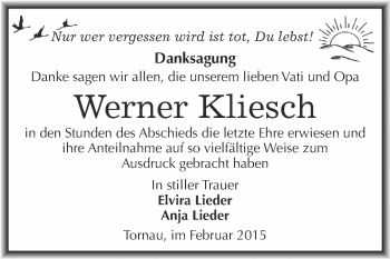 Traueranzeige von Werner Kliesch von WVG - Wochenspiegel Bitterfeld