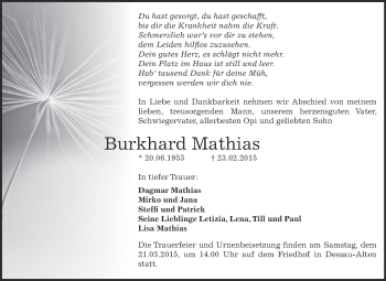 Traueranzeige von Burkhard Mathias von WVG - Wochenspiegel Dessau / Köthen