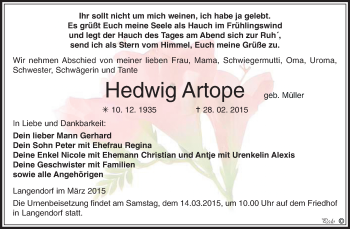 Traueranzeige von Hedwig Arto von WVG - Wochenspiegel NMB / WSF / ZTZ