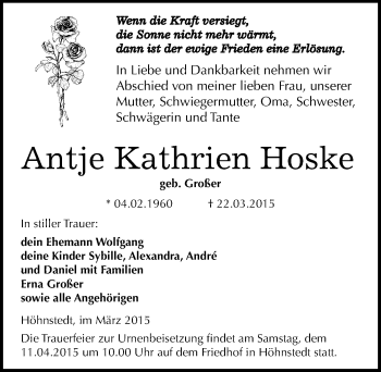 Traueranzeige von Antje Kathrien Hoske von Mitteldeutsche Zeitung Halle/Saalkreis
