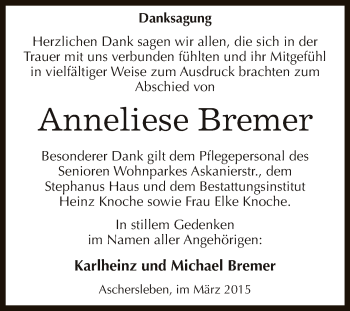 Traueranzeige von Anneliese Bremer von Super Sonntag Aschersleben