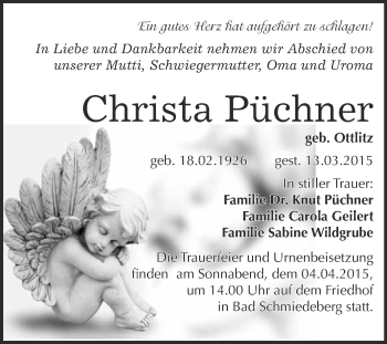 Traueranzeige von Christa Püchner von WVG - Wochenspiegel Wittenberg