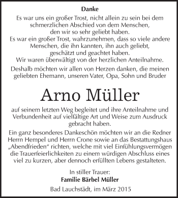 Traueranzeige von Arno Müller von WVG - Wochenspiegel Merseburg
