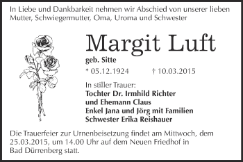 Traueranzeige von Margit Luft von Super Sonntag Merseburg