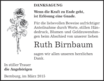 Traueranzeige von Ruth Birnbaum von Super Sonntag Bernburg