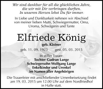 Traueranzeige von Elfriede König von Mitteldeutsche Zeitung Merseburg/Querfurt