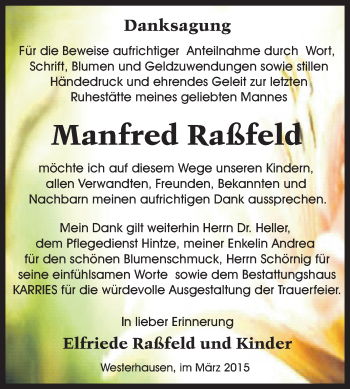 Traueranzeige von Manfred Raßfeld von WVG - Wochenspiegel Quedlinburg