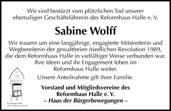 Traueranzeige von Sabine Wolff von Mitteldeutsche Zeitung Halle/Saalkreis