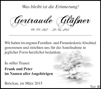 Traueranzeige von Gertraude Gläßner von Super Sonntag Zeitz