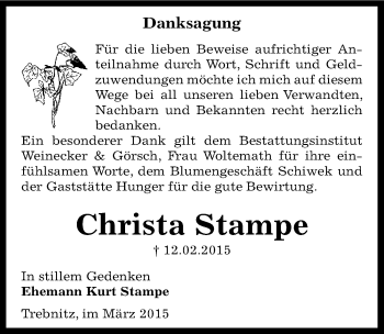 Traueranzeige von Christa Stampe von Mitteldeutsche Zeitung Bernburg