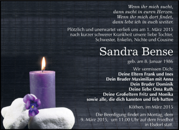 Traueranzeige von Sandra Bense von WVG - Wochenspiegel Dessau / Köthen