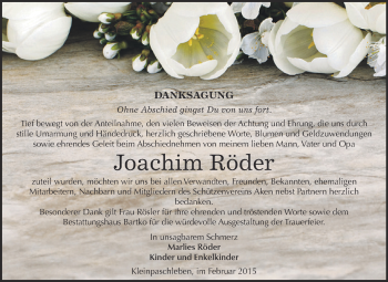 Traueranzeige von Joachim Röder von WVG - Wochenspiegel Dessau / Köthen