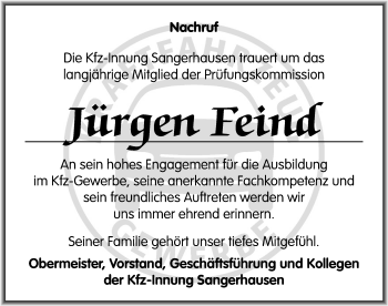 Traueranzeige von Jürgen Feind von Mitteldeutsche Zeitung Sangerhausen