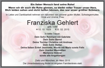 Traueranzeige von Franziska Gehlert von Super Sonntag Zeitz