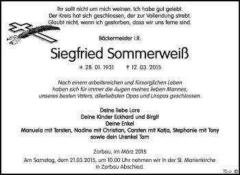 Traueranzeige von Siegfried Sommerweiß von WVG - Wochenspiegel NMB / WSF / ZTZ